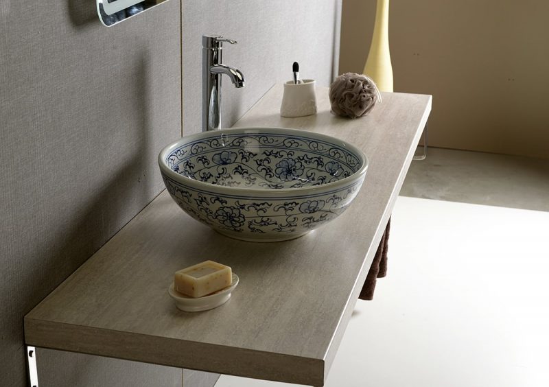 PRIORI umywalka ceramiczna, średnica 42cm, biała z niebieskim wzorem