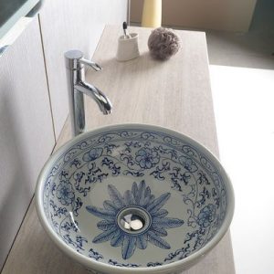 PRIORI umywalka ceramiczna, średnica 42cm, biała z niebieskim wzorem