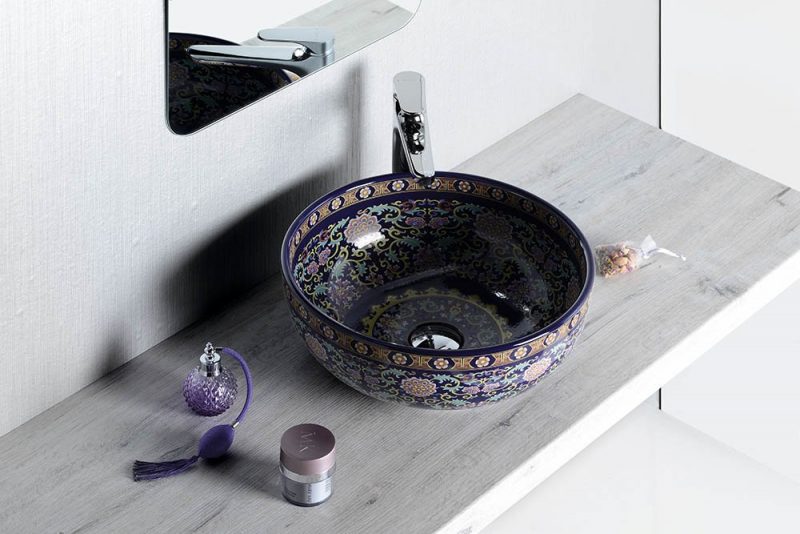 PRIORI umywalka ceramiczna, średnica 40,5cm, fioletowy z ozdobami