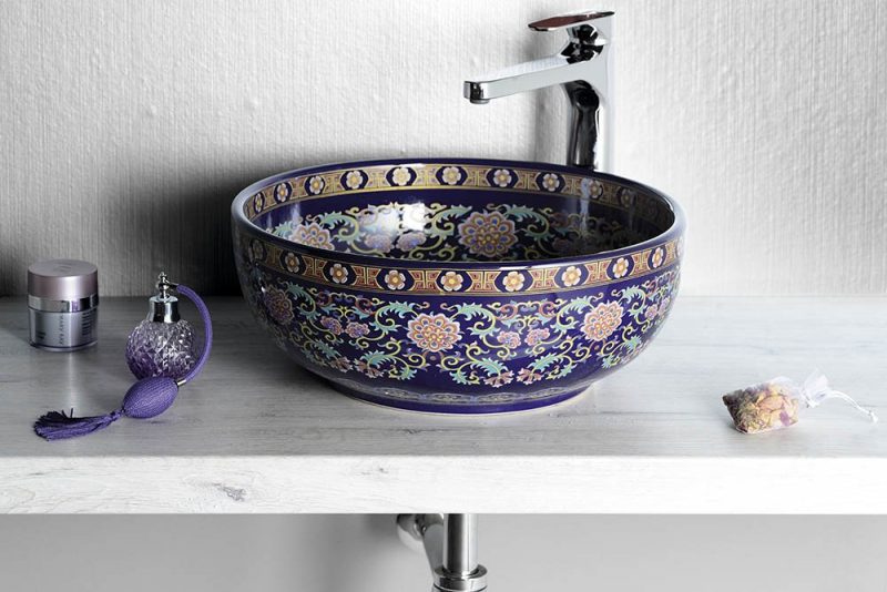 PRIORI umywalka ceramiczna, średnica 40,5cm, fioletowy z ozdobami